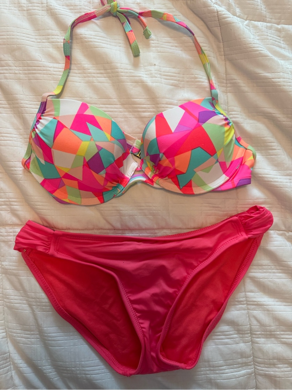 Multicolor Geometric Push-Up Bikini Top with Pink Bottoms